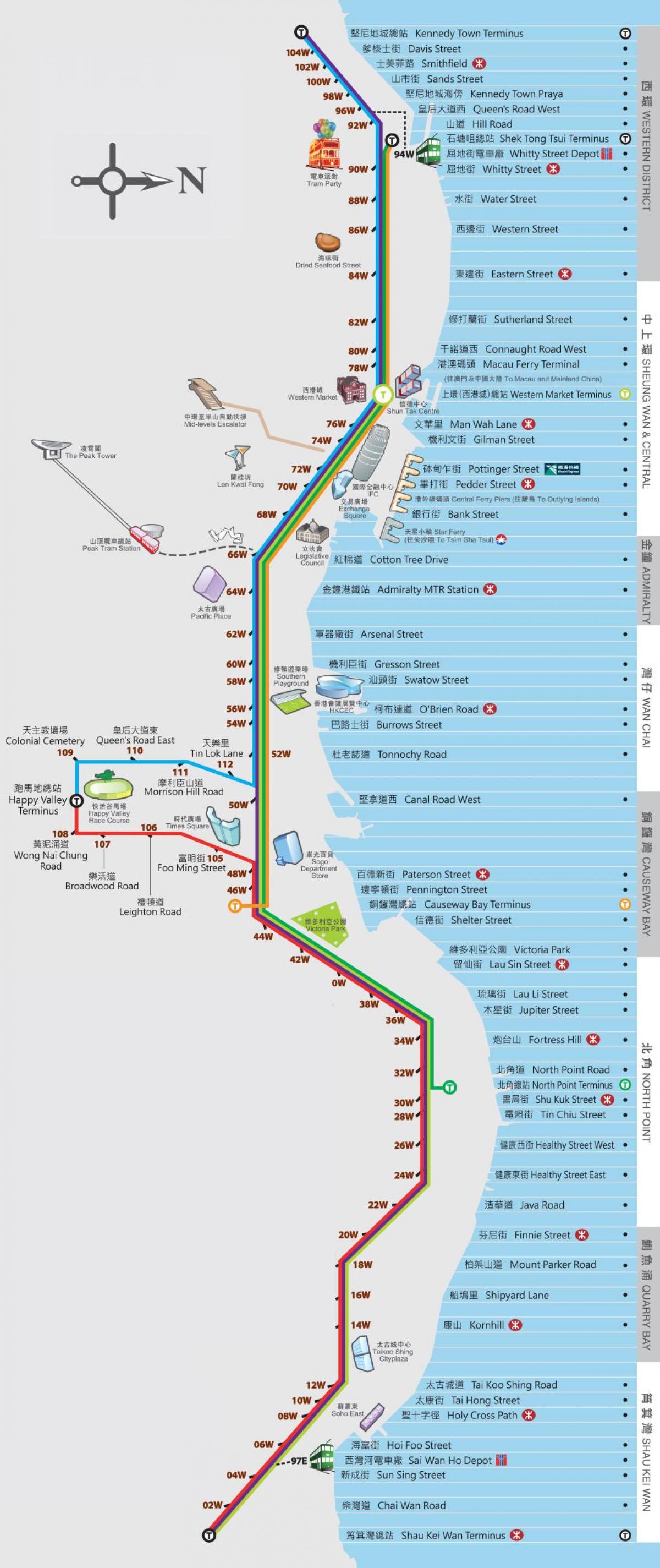 Hong Kong ding ding tramvaj zemljevid